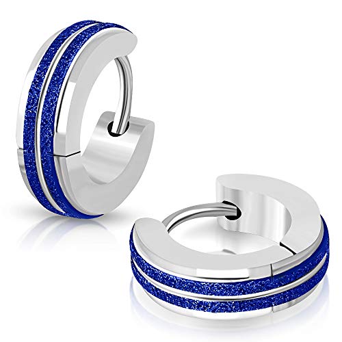 BlackAmazement 2er Set 316L Edelstahl Klapp Creolen Ohrringe Zweifarbig Blau Sandgestrahlt Silber Stripes Damen von BlackAmazement