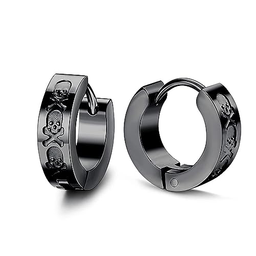 BlackAmazement 2er Set 316L Edelstahl Klapp Creolen Ohrringe geprägt Crossbones Pirat gekreuzte Knochen Schädel silber schwarz Biker Damen Herren (Schwarz) von BlackAmazement