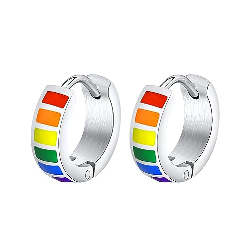 BlackAmazement 2er Set 316L Edelstahl Klapp Creolen Pride Regenbogen Rainbow silber schwarz mehrfarbig Herren Damen (Silber) von BlackAmazement
