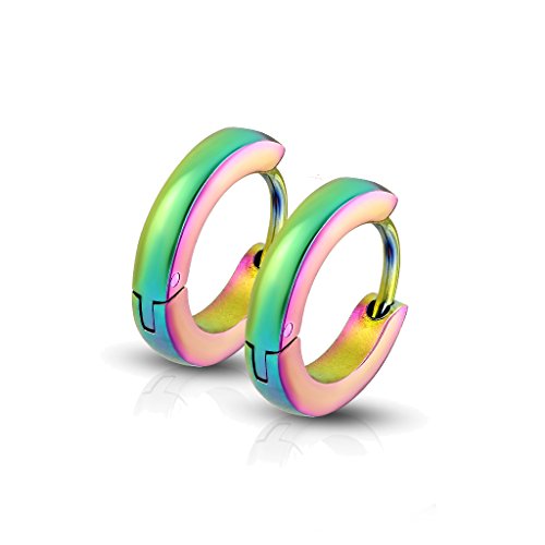 BlackAmazement 2er Set 316L Edelstahl Klapp Creolen unifarben einfarbig schwarz silber gold rosegold rainbow 4mm breit Herren Damen (Rainbow) von BlackAmazement