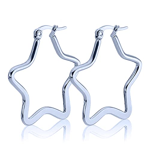 BlackAmazement 2er Set 316L Edelstahl Ohrringe Ohrreifen Hoop Earrings Stern Star 30-50 mm schwarz rose gold silber Herren Damen (50mm, Silber) von BlackAmazement