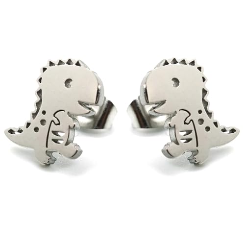 BlackAmazement 2er Set 316L Edelstahl Ohrstecker Ohrringe Comic Dino Dinosaurier rose gold silber schwarz Damen (Silber) von BlackAmazement