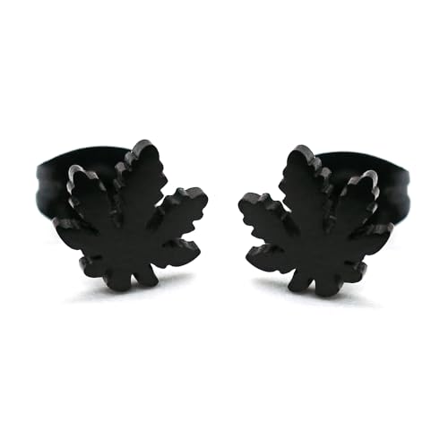 BlackAmazement 2er Set 316L Edelstahl Ohrstecker Ohrringe Hanfblatt Pot Leaf Weed Gras Earrings silber rose gold schwarz Punk Herren Damen (Schwarz) von BlackAmazement