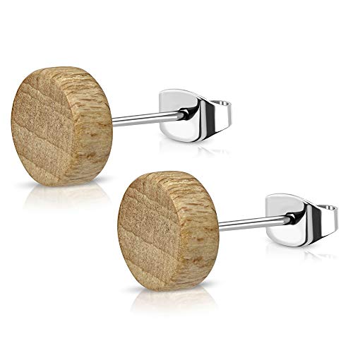 BlackAmazement 2er Set 316L Edelstahl Ohrstecker Ohrringe Holz Ahorn Nussbaum braun 6 mm - 12 mm Herren Damen (Farbe Ahorn - Ø 10mm) von BlackAmazement