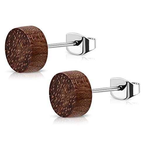 BlackAmazement 2er Set 316L Edelstahl Ohrstecker Ohrringe Holz Ahorn Nussbaum braun 6 mm - 12 mm Herren Damen (Farbe Nussbaum - Ø 08mm) von BlackAmazement