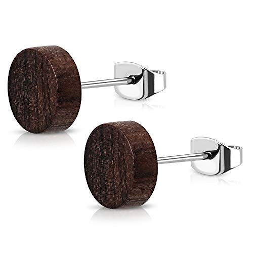 BlackAmazement 2er Set 316L Edelstahl Ohrstecker Ohrringe Holz Ahorn Nussbaum braun 6 mm - 12 mm Herren Damen (Farbe Nussbaum - Ø 12mm) von BlackAmazement