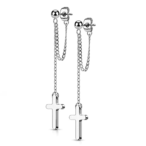 BlackAmazement 2er Set 316L Edelstahl Ohrstecker Ohrringe Ohrhänger Kette Kreuz Cross Silber Rose Gold Schwarz Biker Punk Biker Damen Herren (Silber) von BlackAmazement