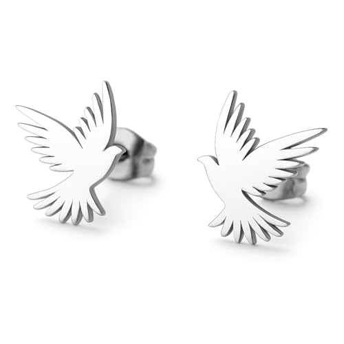 BlackAmazement 2er Set 316L Edelstahl Ohrstecker Ohrringe Taube Vogel Peace Frieden Friedenstaube silber rose gold schwarz Damen (Silber) von BlackAmazement