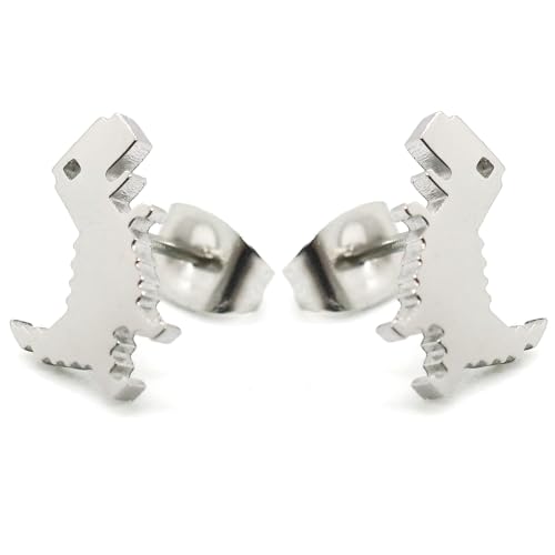 BlackAmazement 2er Set 316L Edelstahl Ohrstecker Ohrringe Tyrannosaurus T-Rex Dino Dinosaurier Retro Pixel Computerspiel rose gold silber schwarz Damen (Silber) von BlackAmazement