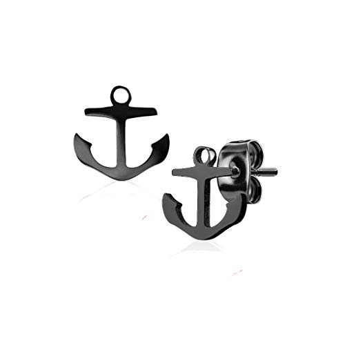 BlackAmazement 2er Set 316L Edelstahl Ohrstecker Stecker Studs Anker Anchor schwarz Silber Gold Regenbogen Damen Herren (Schwarz) von BlackAmazement