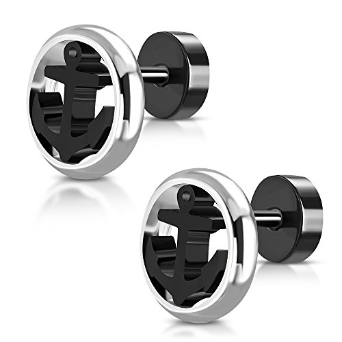 BlackAmazement 2er Set 316L Edelstahl Ohrstecker Stecker Studs Fake Plug Anker Circle Marine Silber schwarz Herren Damen (Schwarz) von BlackAmazement