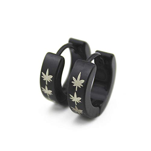 BlackAmazement 2er Set 316L Edelstahl Paar Klapp Creolen Ohrringe 4mm Hanfblatt Pot Leaf Hemp Schwarz Herren Damen von BlackAmazement