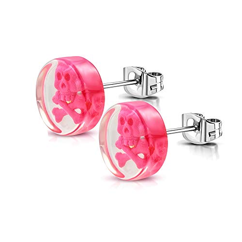 BlackAmazement 2er Set Edelstahl Kunststoff Ohrstecker Stecker Studs Fake Plug Crossbones 3D Totenkopf Pirat pink rosa schwarz Biker Herren Damen (Pink) von BlackAmazement