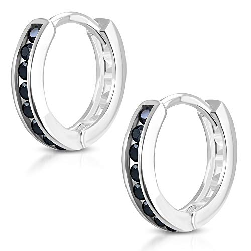 BlackAmazement 2er Set Klapp Creolen Ohrringe Zirkonia Kristall CZ Single Channel Set Silber Schwarz Blau Damen (Schwarz) von BlackAmazement