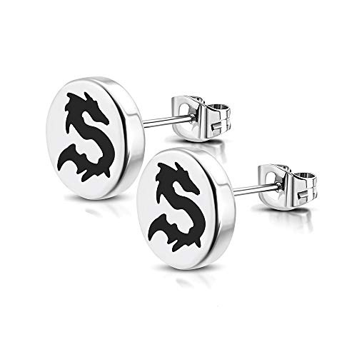BlackAmazement 2er Set Ohrstecker 316L Edelstahl Drache Lucky Dragon 8mm Silber schwarz Herren von BlackAmazement