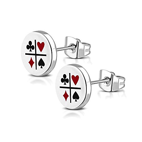 BlackAmazement 2er Set Ohrstecker 316L Edelstahl Poker Karten Farben Zocker Lucky 8mm Silber Herren von BlackAmazement