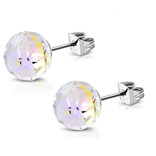 BlackAmazement 2er Set Ohrstecker Ohrringe Kugel Ball Facetiert Kristallperle Diskokugel Silber klar blau rosa türkis klar Regenbogen Damen (Regenbogen) von BlackAmazement