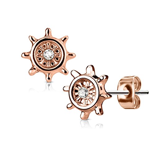 BlackAmazement 2er Set Ohrstecker Piercing 316L Edelstahl Schiff Steuerrad mit Zirkonia Kristall CZ Marine Rhodiniert 14 KT vergoldet Seefahrt rose gold silber Damen Herren (Rosegold) von BlackAmazement