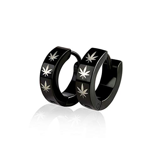 BlackAmazement 2er Set 316L Edelstahl Klapp Creolen Ohrringe 4mm Hanfblatt Pot Leaf Hemp Silber Schwarz Herren Damen (Schwarz) von BlackAmazement