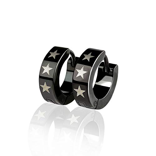 BlackAmazement 2er Set Paar 316L Edelstahl Klapp Creolen Ohrringe 4mm Sterne Stars Silber Schwarz Herren Damen (Schwarz) von BlackAmazement