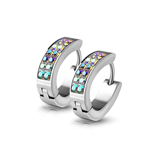 BlackAmazement 2er Set Paar 316L Edelstahl Klapp Creolen Zirkonia CZ elegant Ohrringe Silber Rosegold Rainbow Pink Aqua Damen (Regenbogen) von BlackAmazement