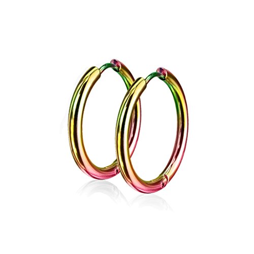BlackAmazement 2er Set Paar 316L Uni Edelstahl Creolen Hinged Huggie 10-16 mm Ohrring Piercing blau schwarz rose gold silber, regenbogen Herren Damen (Farbe Regenbogen - Größe 20 mm) von BlackAmazement
