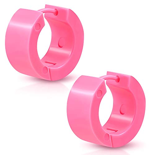 BlackAmazement 2er Set Paar Kunststoff Klapp Creolen unifarben einfarbig schwarz weiß pink blau 7mm breit Herren Damen (Rosa) von BlackAmazement