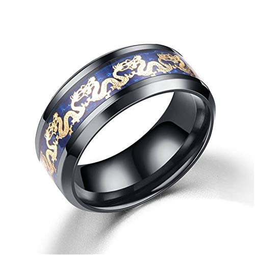 BlackAmazement 316 Edelstahl Carbon Ring Drache Lucky Dragon 8mm Gold blau schwarz Damen Herren (Black, 52 (16.6)) von BlackAmazement