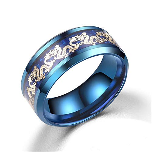 BlackAmazement 316 Edelstahl Carbon Ring Drache Lucky Dragon 8mm Gold blau schwarz Damen Herren (Blau, 65 (20.7)) von BlackAmazement