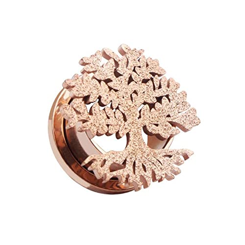 BlackAmazement 316 Edelstahl Flesh Tunnel Plug Inlay Piercing Baum des Lebens Lebensbaum sandgestrahlt glitzer silber rosegold Damen (Farbe Rosegold- Ø 12mm - 1 Stück) von BlackAmazement