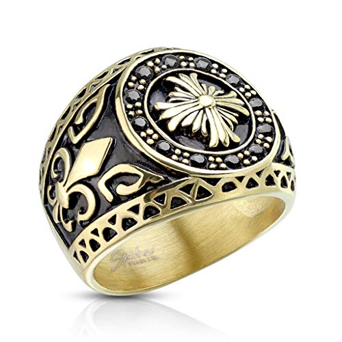 BlackAmazement 316 Edelstahl Ring Celtic Cross Fleur De Lis Zirkona CZ Gold schwarz Gothic Biker Fantasy Herren (63 (20.1)) von BlackAmazement