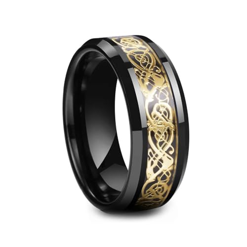 BlackAmazement 316 Edelstahl Ring Drache Lucky Dragon 8mm gold blau schwarz silber Damen Herren (Schwarz/Gold, 57 (18,1)) von BlackAmazement