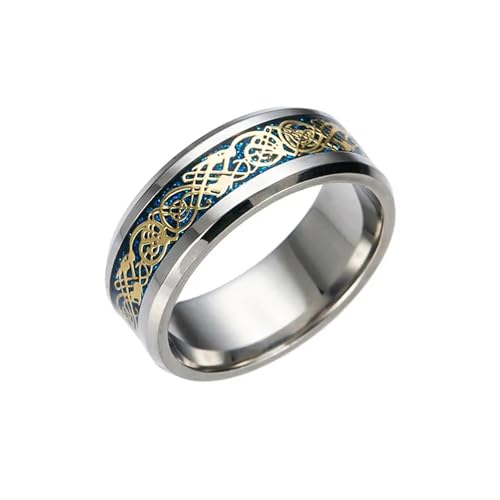 BlackAmazement 316 Edelstahl Ring Drache Lucky Dragon 8mm gold blau schwarz silber Damen Herren (Silber/Gold, 60 (19,1)) von BlackAmazement