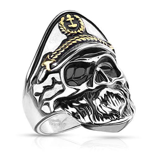 BlackAmazement 316 Edelstahl Ring Totenkopfring Kaptitän Captain Skull Anker Anchor Seefahrer Silber schwarz Herren (71 (22.6)) von BlackAmazement