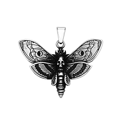 BlackAmazement 316L Edelstahl Anhänger Halskette Kette Totenkopf Schmetterling Falter Totenkopfschwärmer Silber schwarz Gothic Biker Herren (Anhänger mit Kette) von BlackAmazement