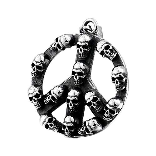 BlackAmazement 316L Edelstahl Anhänger Halskette Massiv Peace Sign Totenkopf Skull Friedenszeichen Symbol Silber schwarz Biker Damen Herren (Anhänger mit Kette) von BlackAmazement