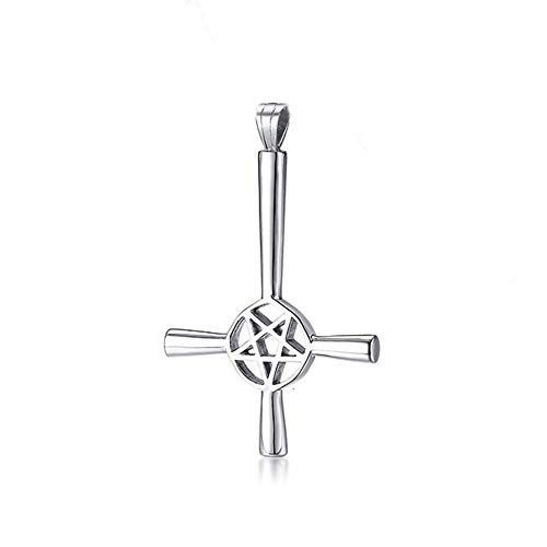 BlackAmazement 316L Edelstahl Anhänger Halskette Massiv Umgekehrtes Kreuz Pentagramm Inverted Cross Drudenfuß Pentagramma Silber Gold schwarz Biker Gothic Damen Herren (Farbe Silber - mit Kette) von BlackAmazement