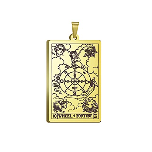 BlackAmazement 316L Edelstahl Anhänger Halskette Tarot Karten Justice Fool Empress Wheel of Fortune Dog Tag Silber Gold Damen Herren (Modell: Das Rad des Schicksals - Farbe: Gold - Ohne Kette) von BlackAmazement