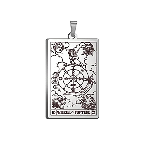 BlackAmazement 316L Edelstahl Anhänger Halskette Tarot Karten Justice Fool Empress Wheel of Fortune Dog Tag Silber Gold Damen Herren (Modell: Das Rad des Schicksals - Farbe: Silber - Mit Kette) von BlackAmazement