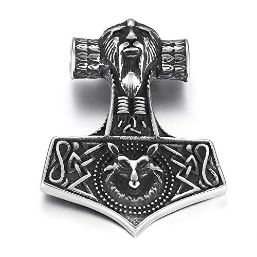 BlackAmazement 316L Edelstahl Anhänger Halskette Thors Hammer Mjölnir Malmer Wolf Celtic Knoten Silber schwarz Wikinger Biker Herren (Anhänger mit Kette) von BlackAmazement
