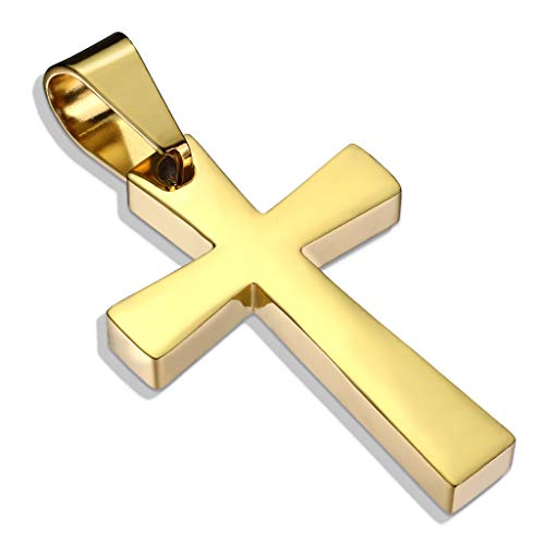 BlackAmazement 316L Edelstahl Anhänger Leder Kette Halskette christliches Symbol Latin Kreuz Cross klein schlicht Silber Gold schwarz Damen Herren (Farbe Gold - mit Kette) von BlackAmazement