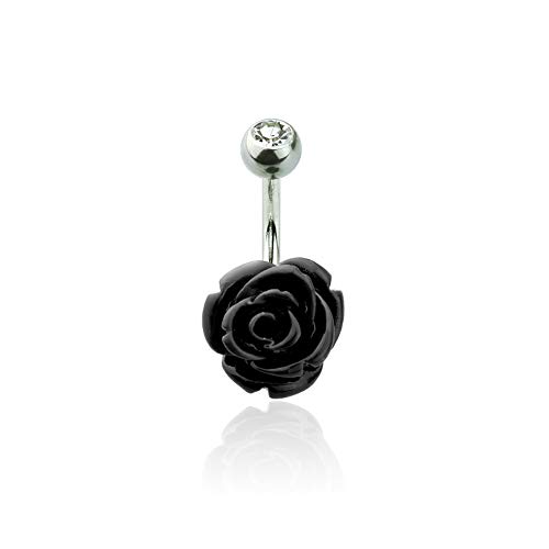 BlackAmazement 316L Edelstahl Bauchnabel Piercing Bananabell Curved Barbell Rose Blume Flower Silber pink rot türkis weiß schwarz Damen (Schwarz) von BlackAmazement