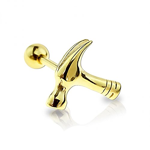 BlackAmazement 316L Edelstahl Cartilage Tragus Helix Barbell Ohrstecker Hammer Tool Werkzeug Handwerker Silber Gold schwarz Herren Damen (Gold) von BlackAmazement