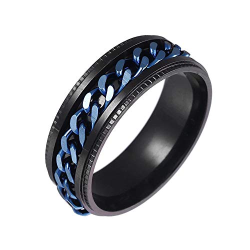 BlackAmazement 316L Edelstahl Dreh Ring Kette Chain Inlay Kettenring Blau Schwarz Silber Gold IP Spinner Spinning Center Damen Herren (Schwarz/Blau, 52 (16.6)) von BlackAmazement