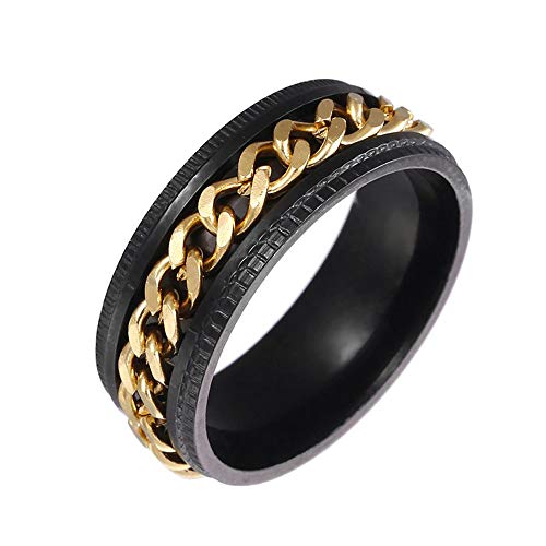 BlackAmazement 316L Edelstahl Dreh Ring Kette Chain Inlay Kettenring Blau Schwarz Silber Gold IP Spinner Spinning Center Damen Herren (Schwarz/Gold, 52 (16.6)) von BlackAmazement