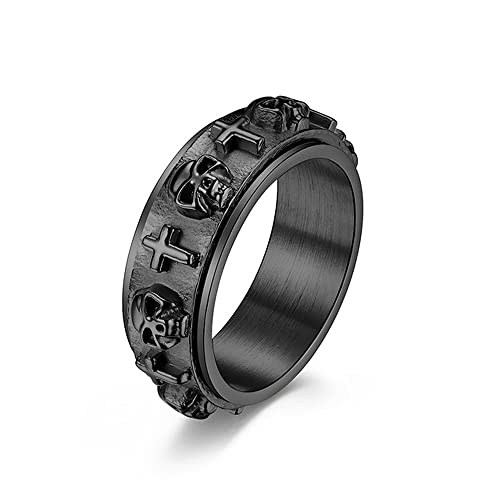 BlackAmazement 316L Edelstahl Dreh Ring Skull Totenkopf Kelten Kreuz Cross schwarz silber gold Biker Herren (Schwarz, 55 (17,5)) von BlackAmazement