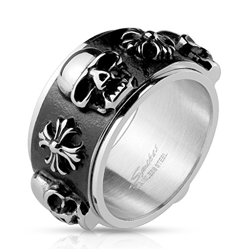 BlackAmazement 316L Edelstahl Dreh Ring Skull Totenkopf Kelten Kreuz schwarz Silber Herren (60 (19.1)) von BlackAmazement