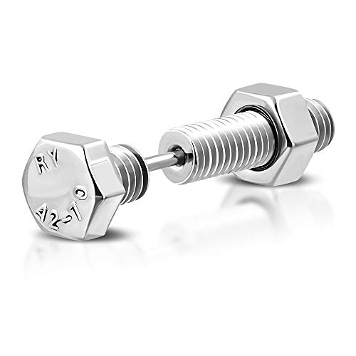 BlackAmazement 316L Edelstahl Fake Plug 6-Kant Schraube Screw schwarz silber Piercing Ohrstecker Herren (Silber) von BlackAmazement