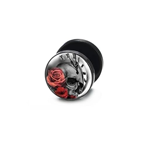 BlackAmazement 316L Edelstahl Fake Plug Piercing Ohrstecker Totenkopf Uhr Rosen Schwarz Rot Weiß Herren Damen von BlackAmazement