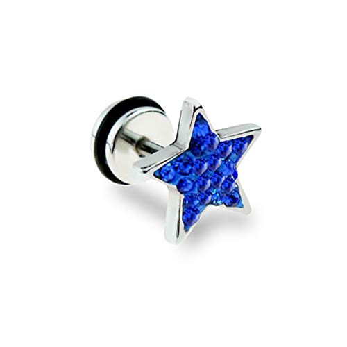 BlackAmazement 316L Edelstahl Fake Plug Stern Star Zirkonia CZ klar blau rot Piercing Ohr Ohrstecker Silber Damen Herren (Blau) von BlackAmazement